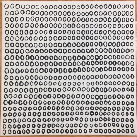 Image of an artwork made up of a repeated series of small black circles drawn onto a white background in neat lines, filling the whole page.