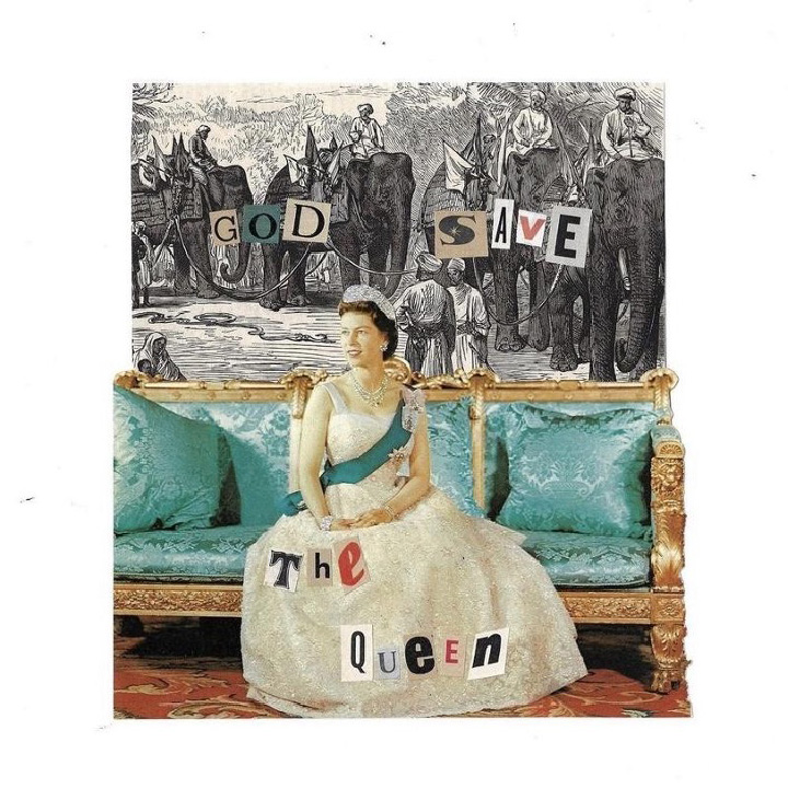 A collage featuring an image of a young Queen Elizabeth sat on an ornate turquoise and gold chair. With cut out letters pasted on top spelling out 'God Save The Queen'.