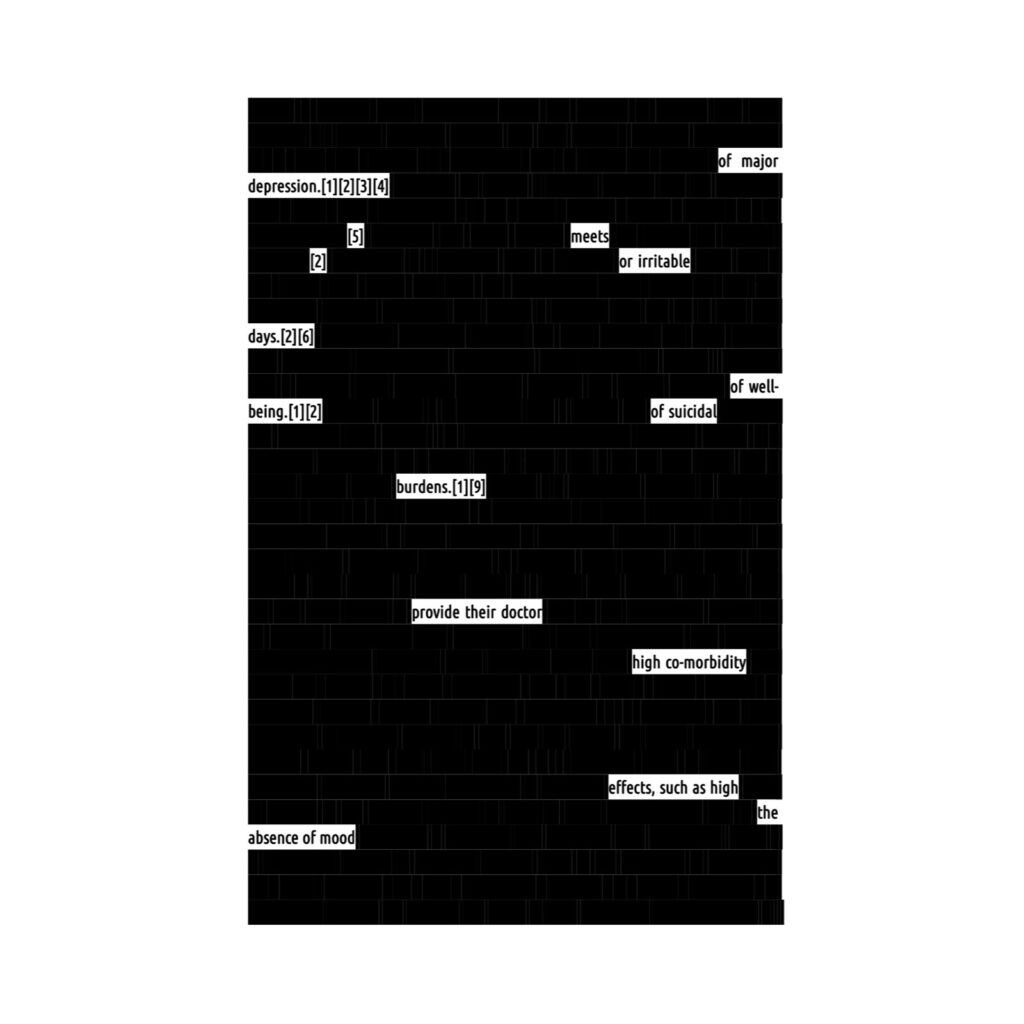 Beyond Text: Experimental Poetry. Snippets of cut out black typewriter style text on white background, arranged on a black page.